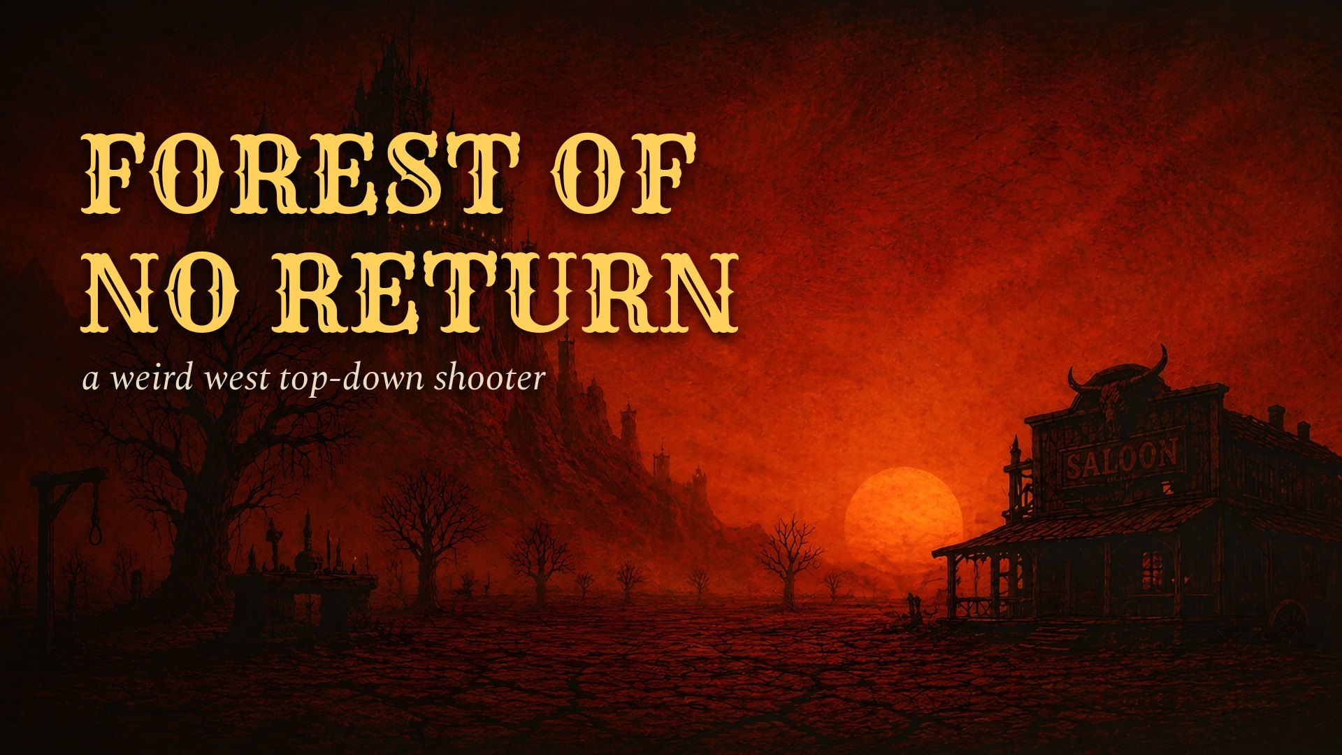 Forest of No Return key art: Beni's saloon at sunset, Castle Donnerstein on the rock